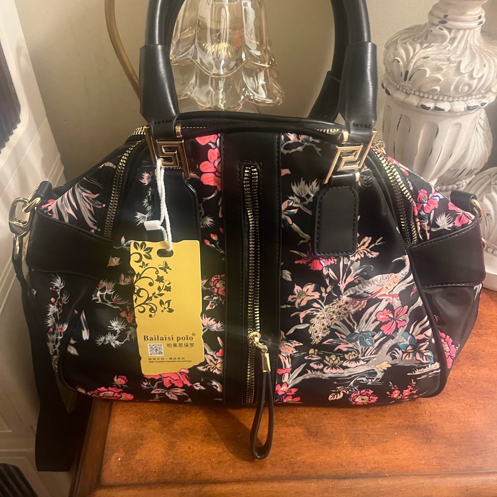 Black and Pink Floral Women's Bag